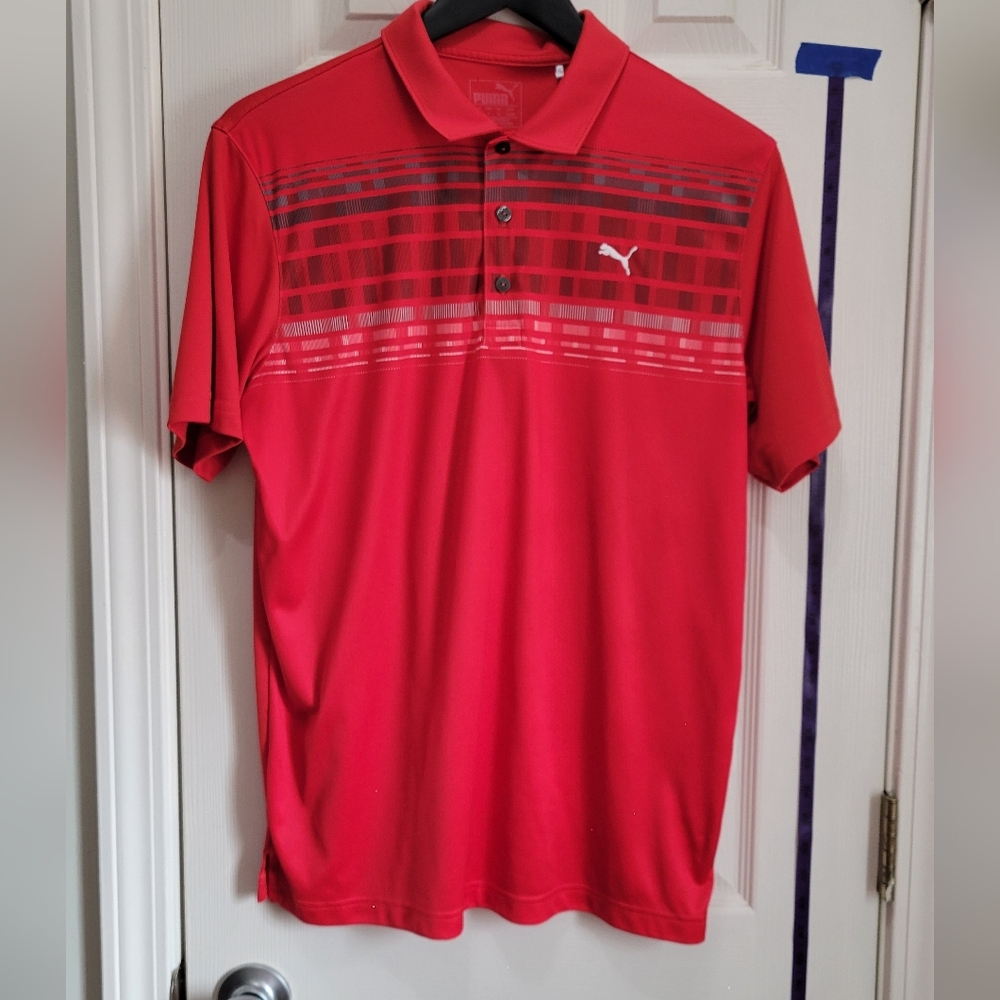 Puma Red Men’s Polo with Gray Graphic Chest Stripes
